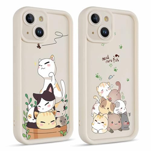 Kueqeay 2 Stück Handyhülle für iPhone 15 6,1” Hülle, Aesthetic Katze Muster Design Schutzhülle Matte Ultra Dünn TPU Weich Silikon Case Stoßfest Kratzfest Bumper Cover, 03