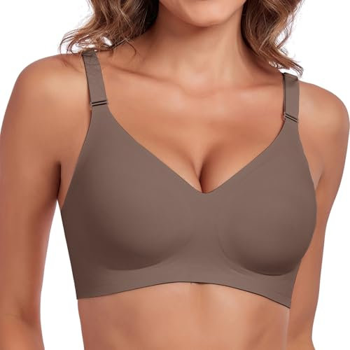Litthing Comfort Seamless Bra Non Wired Push Up Adjustable Straps Padded Bras for Women Ladies Wireless Support V Neck Anti Sagging Breast Soft Sleep Everyday T Shirt Bralettes with Extender Grey