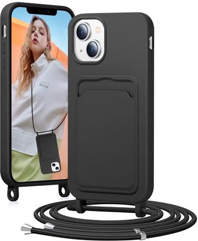 BENTIACC Handykette Silikon Hülle für iPhone 13/14 mit Band, Handyhülle mit Kartenfach, Abnehmbar Kordel Kette, Stoßfeste Schutzhülle für iPhone 13/14 (Schwarz)