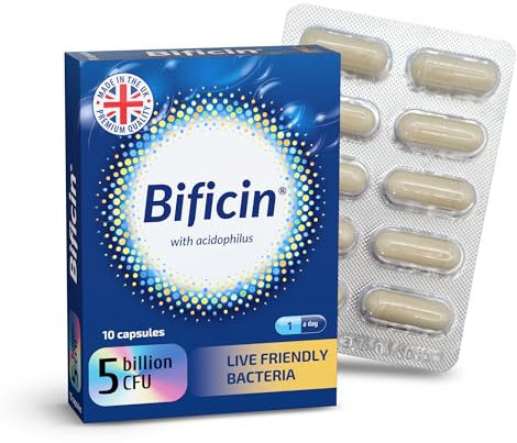 Bificin - Probiotics and Prebiotics for Gut Health - 5 Billion CFU - 10 Live Bacterial Cultures: Lactobacillus Acidophilus, Lactis, Rhamnosus & Bifidobacterium Longum, Breve, Bifidum - 10 Capsules