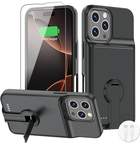 BOPPS Battery Case for iPhone 16 Pro Max with Stand【2026 New】 Powerful 8500mAh Portable Charger Case 360°Protection Rechargeable Extended Charging case for iPhone 16 Pro Max,Black