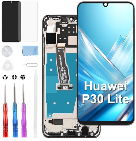 Moautodc Display Für Huawei P30 Lite 6.1 Zoll Schwarz+Rehmen MAR-L21A MAR-L01A MAR-LX1A LCD Display Touchscreen Ersatz Bildschirm Glas Assembly und Reparaturkits+1 Stück Schutzfolie