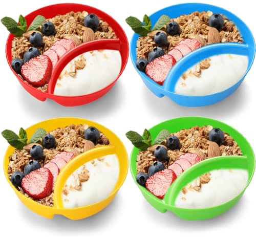 Teenyyou 4 Pcs Divided Cereal Bowls Anti Soggy Cereal Bowl with Divider Plastic Separate Cereal and Milk Bowl Microwave Dishwasher Safe Stackable Snack and Dip Bowls Container for Chips Nuts, 4 Colors