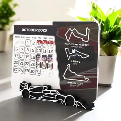F1-Kalender 2025 – Formel-1-Rennkalender 2025 mit Rennterminen, 2025 Renntischkalender mit Renn-Design, Tischkalender 2025 mit F1-Autoständer, Geschenk für Motorsport-Fans