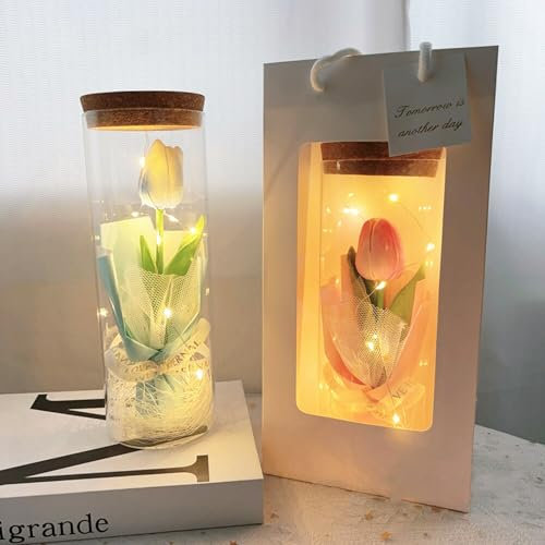 Drawelry Tulip Glass Bottle Bouquet with LED Light, Simulated Tulip Flower Night Light, Birthday Wedding Gift Tulip Lighting Home Bedroom Decor for Women Girlfriend (Blue)