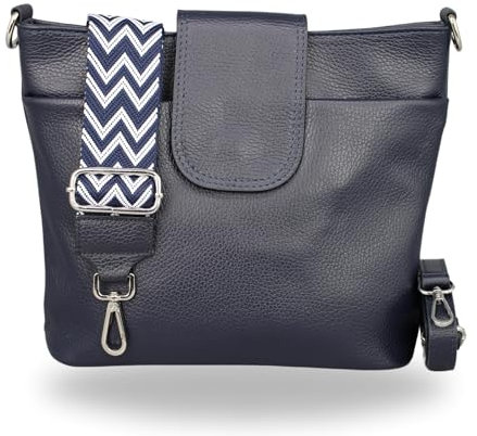 BRISE Umhängetasche Damen Echtes Leder ELLIE Handgemachte Crossbody Bag mit Ledergurt + Optionalen Breiten Gemusterten Riemen 6 Fächer Wasserdichte Schultertasche Made in Italy (Navyblau - 2)