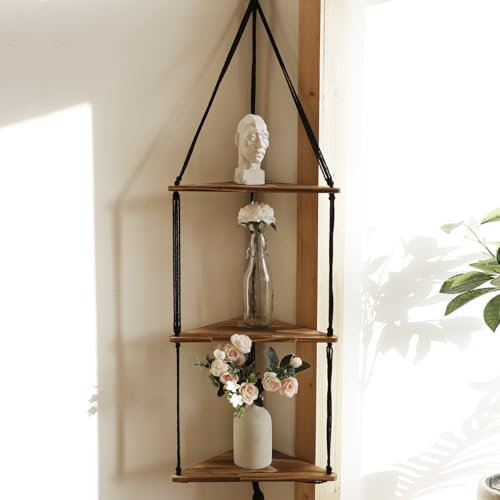 Artilady Makramee-Eckregal zum Aufhängen – 3 Etagen, schwarz, schwebende Regale, Pflanzeneck-Wanddekoration, Boho, rustikales Pflanzenregal aus Holz, für Schlafzimmer, Wohnzimmer, Badezimmer