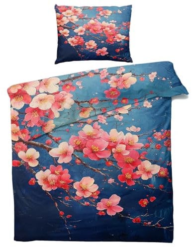 Generisch Japanische Kirschblüten Bettwäsche 135x200 - Rot Blumen Bettbezug 135 x 200 2er Set, Weiche & Angenehme Mikrofaser Bettbezüge & Kissenbezug 80x80, Bettwäsche-Sets mit Reißverschluss W#&-8