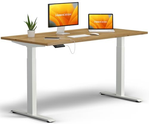 KRIEG HighDesk Basic Höhenverstellbarer Schreibtisch 160 x 80 cm I Weiß + Eiche - Elektrischer Sitz- & Stehtisch mit Tischplatte - Stehschreibtisch Elektrisch Höhenverstellbar