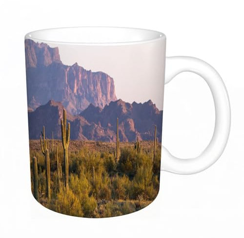 YFHJV Mug porcelaine fine Mug Tasses de 11 oz 330ml,Ensemble de cactus Saguaro, paysage désertique d'Ariozona avec cactus et montagn,amis,frères et soeurs imprimer Tasse de café exquis CadeauEnsemble