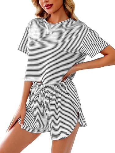UFinetech Pijama Mujer Verano Ropa Cómoda de Casa con Camiseta de Rayas y Pantalón Corto con Abertura Lateral y Cintura Ajustable Suave y Transpirable