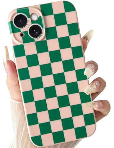 Coque SmoBea pour iPhone 13, coque de téléphone en silicone TPU souple à motif à carreaux avec protection de l'appareil photo, coque de protection fine et antichoc pour femmes et filles - rose et vert