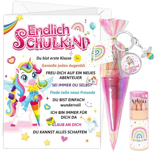 HOWAF Einschulung Geschenk Geschwisterschultüte Jungen Mädchen, Kleine Schultüte Geschwister Zuckertüte Klein mit Farbstifte für Schulkind Schulanfang Geschenke (Set B, 1 Pack Einhorn)