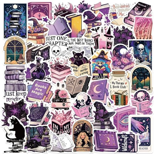 50 PCS Witch Stickers, Purple Witchy Sticker Self-Adhesive Cartoon Magic Witch Gothic Stickers, Funny Vintage Waterproof Reading Sticker for DIY Scrapbook, Laptop, Planner, Journal