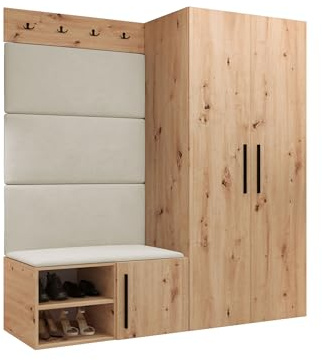 Mirjan24 Garderoben-Set Mapreni I, Schuhschrank + Kleiderhakenbrett + Kleiderschrank Gepolstertes Paneel/Wandpaneel Kleiderhaken Flurgarderobe Wandgarderobe (Artisan Eiche, Manila 02)