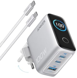 Anker 100W USB C Ladegerät, Smart Ladegerät, kompaktes 3-Port GaN Netzteil | Smart Display und Touch-Steuerung, für MacBook, iPad, iPhone 17/16/15 Serie, inkl. USB-C Kabel