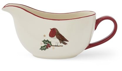 Cooksmart Christmas Robins Retreat Gravy Boat | Ceramic Sauce Serving Boat for Gravy, Sauces & Dressings | Durable Large Ceramic Bowl | Stylish Tableware for Everyday & Holiday Use