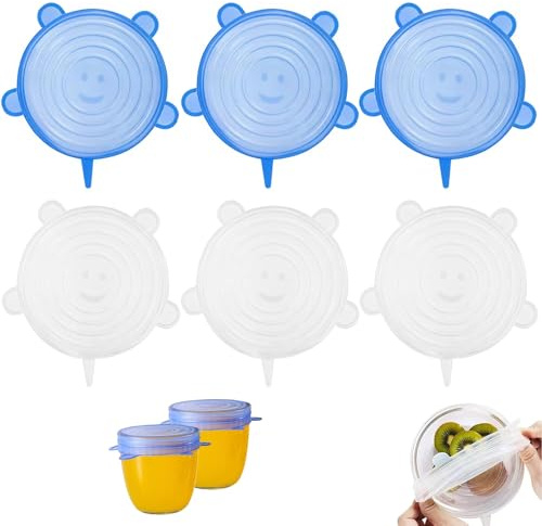 6 PCS Silicone Lids Food Covers, Universal 9.5cm Silicone Stretch Lids Set, Food Grade Silicone Bowl Covers for Containers Tins & Yogurt Pot (Dishwasher Safe, Thickened Design)