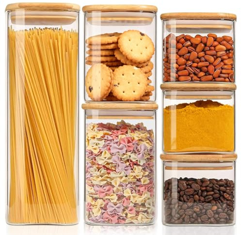 ComSaf Bocaux en verre avec couvercles 550–2100 ml, lot de 6 | Rangement cuisine, Couvercles en bambou, Lentilles, Dattes séchées, Graines de lin, Verre borosilicaté
