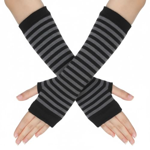TIESOME Lange Fingerlose Handschuhe, Feinstrick Handwärmer, Y2K Gestreift Armstulpen Damen Stricken Lange Armwärmer mit Daumenloch Langarm Fäustlinge für Herbst Winter für Damen und Mädchen