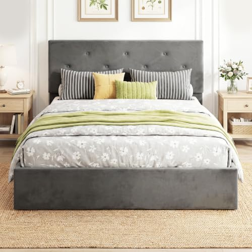 HOMCOM 5FT King Size Bed Frame for 150 x 200 cm Mattress Dark Grey | Velvet Upholstered Platform Bed Frame with Tufted Headboard, Gas Lift End Opening & Under-Bed Storage, Mattress Foundation