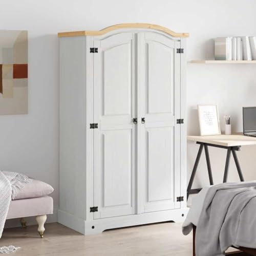 RCODSSK Mexican Pine Corona Wardrobe, 2 Doors White, Solid Pine Armoire with Domed Top, Waxed Finish and Black Metal Details