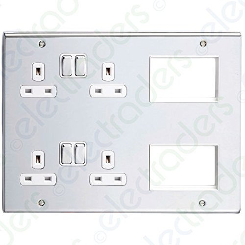 Deta SD1975CHW Multi-Media Lounge Plate with 2 x Twin Switch Sockets & 6 Euro Module Spaces (Polished Chrome/White Inserts)
