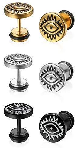 Flongo Ohrstecker Knopf, 6 Stück Set Edelstahl Herren Ohrstecker Damen Ohrringe Ohrhänger Gestüt Stecker Tunnel Evil Eye Böse Teufel Auge Ohrstecker Männer Frauen Ohrschmuck