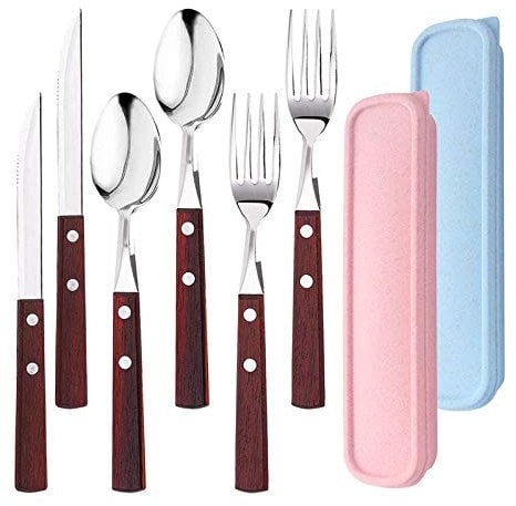 6 Piezas Utensilios Portátiles con 2 Cajas, AUHOTA Prima Acero Inoxidable Juegos de Cubiertos, Reutilizable y Ecológico Cuchillo Tenedor Cuchara para Camping Llevar Picnic Oficina (Estilo B)