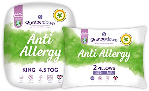 Slumberdown Anti Allergy King Size Duvet - 4.5 Tog Lightweight Cool Summer Quilt for Night Sweats, 2 Medium Support Pillows - Anti Bacterial, Soft Touch Cover, Machine Washable, Size (225cm x 220cm)