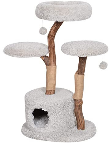 Dehner Premium Katzen-Kratzbaum Lovely | Aufsteigen & Abschalten | Katzenbaum, Kuschelhöhle | für große und kleine Katzen | Holz, Plüsch, Sisal | stabil, modern | hellgrau | ca. 110 x 60 x 45 cm