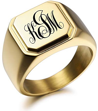 MeMeDIY Personalisierte Gravur Monogramm-Buchstaben-Signet-Ring für Männer Frauen Mädchen Jungen Edelstahl-Hochzeitsringen Benutzerdefiniert Schmuck Bündel mit Ringgrößeneinstellern (Gold)