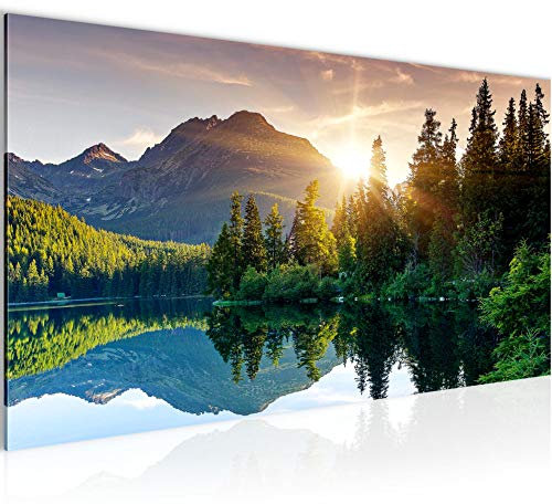 Runa Art Wandbild Natur Sonnenaufgang 1 Teilig 100 x 40 cm Modern Bild auf Vlies Leinwand See Gebirge Schlafzimmer Wohnzimmer Bunt 014412a