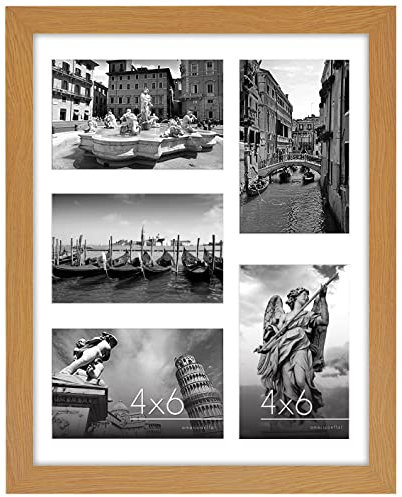 Americanflat Collage Marco de Fotos 28x36 cm - Marco con Paspartú per Cinco 10x15 cm Fotos o Marco de 28x36 cm Sin Paspartú - MDF Roble con Vidrio Resistente y Accesorias de Colgada en la Pared