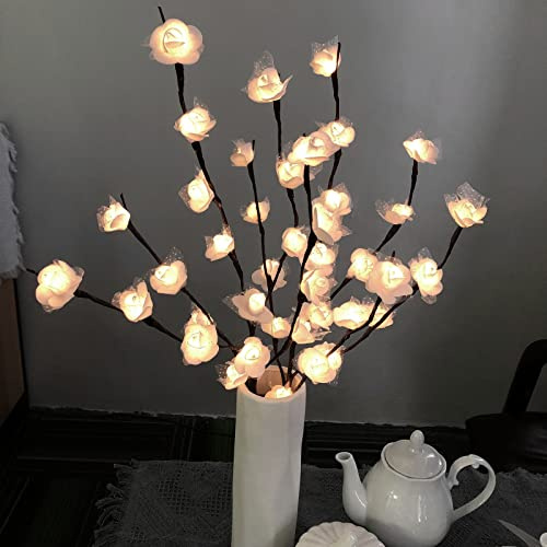 Weiße Rosen, LED-Zweig-Lichter, beleuchtet, künstliche Spitze, Rose, Blume, Baum, Zweig, Dekoration, Licht für Zuhause, Geschäft, Fenster, Vase, Tisch, Zimmer, Hochzeit, Weihnachten, 2 Stück (weiße