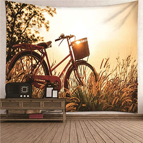 Aotiwe Tapisserie Dekoration, Wanddekoration Außenbereich Sonnenuntergang Fahrradlandschaft aus Polyester Gelb 240X220Cm