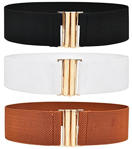 DUOXIN Lot de 3 Ceintures Extensible pour Femme, Ceintures de Taille Emboîtement Large Élastique Sangle Rétro Ceinture Elastique (Noir/Brun/Blanc)