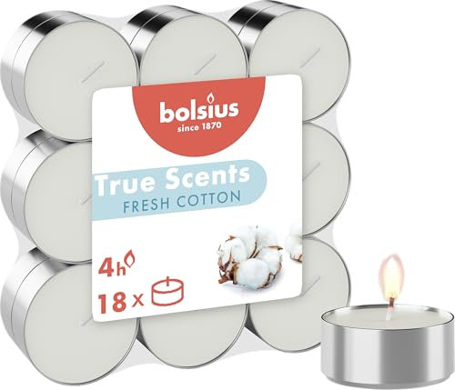 Bolsius True Scents – 18 Teelichter – Fresh Cotton – Brenndauer: 4 Stunden – Innendekoration – natürliche Extrakte – mit natürlichem veganem Wachs