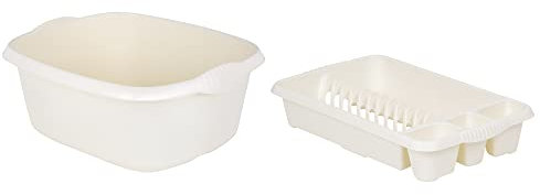 FotoStation Amazing Pack Of 39cm Rectangular Washing Up Bowl With Medium Dish Drainer Plate Rack Draining Board Tray Stand Sink Holder Kitchen Organiser Neat and Tidy Home (Soft Cream)