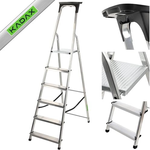 KADAX Scala Pieghevole in Alluminio, Scaletta con Ripiano Portaoggetti, Gradini Antiscivolo e Piattaforma Ampia, Supporta Fino a 125 kg (6 Gradini)
