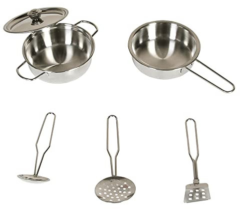 Kidoz 5Pcs Kids Pretend Play Kitchen Utensil Set, Stainless Steel Cookware Playset Pot, Pan with Stir & Serve for Kid, Girls, Boys & Toddlers, Kids Role Play Kitchen Accessories Set
