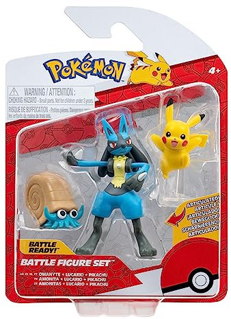 Pokémon PKW3054 - Battle Figure Set - Pikachu, Amonitas, Lucario, offizielles Figuren Set