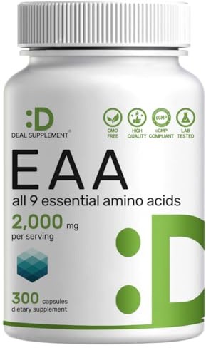 Essential Amino Acids (EAA) 2000mg Per Serving, 300 Capsules – Unflavored - 9 in 1, All BCAAs (Branched-Chain Aminos) – Lean Muscle Support & Natural Pre Workout Supplement