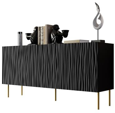 Mirjan24 Kommode 152 Jaseb mit 6 Fächer und 3 Türen, Griffloses Öffnungssystem, Anrichte, Türkommode, Mehrzweckschrank, Wohnzimmerschrank, Schlafzimmer, Sideboard (Schwarz)