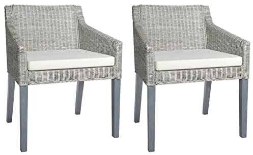Festnight 2X Rattanstuhl Klassik Esszimmerstuhl Sessel Natur Esszimmersessel Rattan-Sessel Korb Küchenstuhl Esszimmer Stuhl Korbstuhl Natur Rattan Grau