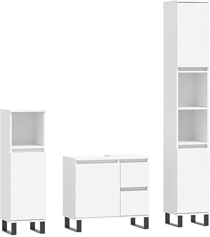 vidaXL Badmöbel Set 3 TLG., Badezimmermöbel mit viel Stauraum, Badschrank mit Eisenbeinen, Badezimmerschrank Waschbeckenunterschrank Hochschrank, Weiß Holzwerkstoff