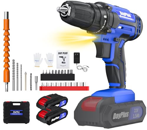 Huini Taladro Bateria 21V, Taladro Atornillador con 2 Baterías 1.5Ah, Atornillador Electrico 25+1 Ajuste de Par, Azul,45Nm, 2 Velocidad, 26Accesorios, LED Luz Para Hogar, Bricolaje