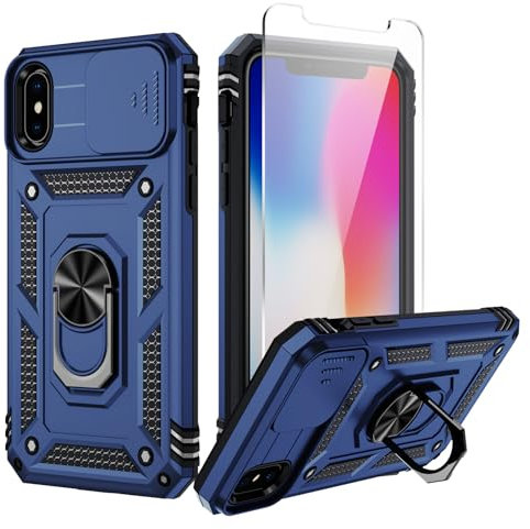 Weycolor for iPhone X Case, iPhone Xs Case with Camera Lens Cover, HD Screen Protector, 10 FT Military Grade Drop Protection, Magnetic Ring Holder Kickstand Phone Case for iPhone X/Xs（Navy Blue）