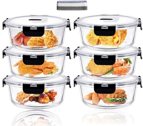 ERUIV Boite de Rangement, 6 pièce 950ml Boite Verre, Plat En Verre Avec Couvercle empilables, Boite En Verre Alimentaire hermétiques, boite conservation alimentaire verre, Recipient Verre transparent