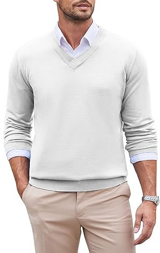 COOFANDY Men's V-Neck Jumper - Long Sleeve Knitted Sweater - Casual Business Pullover - Winter Sweater - Lightweight - White XL